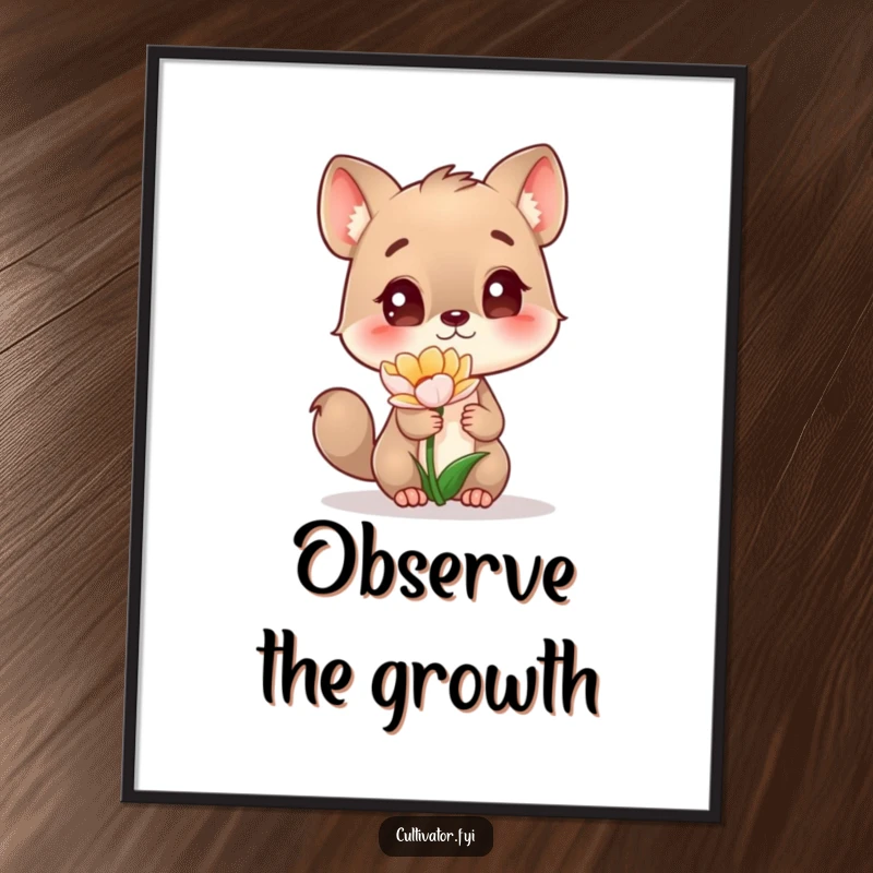 Funny Poster of a curious animal character examining a delicate flower with intense fascination, bringing artistic charm and humor to any room.