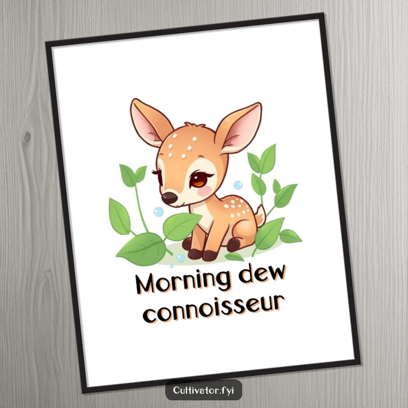 Funny poster print of a carefully focused deer character delicately collecting shimmering dew drops from vibrant green leaves in a serene setting.
