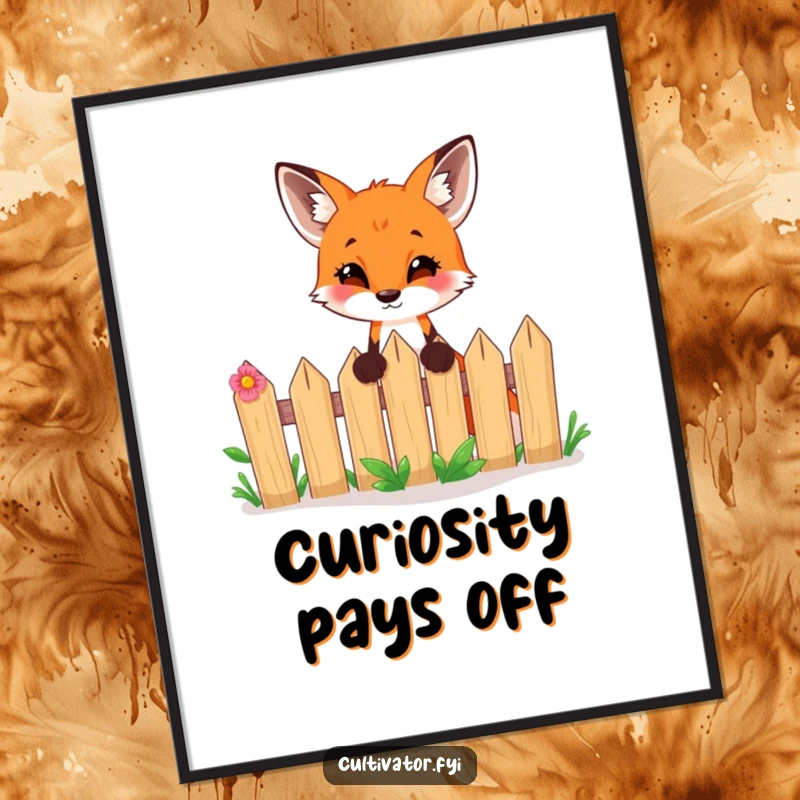 Funny poster of a curious fox peeking over a garden fence, conveying excitement and playful charm for wall decoration.