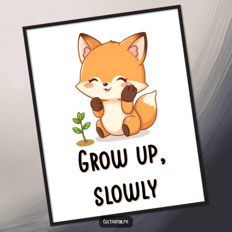 Funny Fox Poster: Happy fox in gloves gently tending a small sprout, artfully depicted.