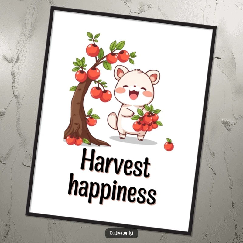 Funny Poster showing a joyful animal character diligently harvesting ripe fruits from a miniature tree, a delightful piece of nature-inspired art.