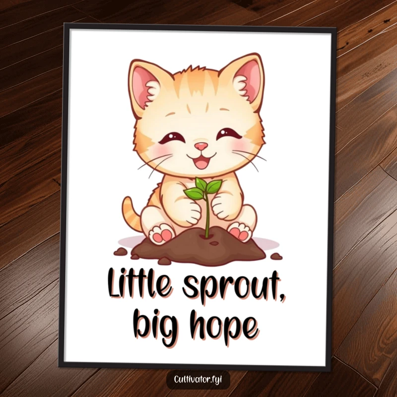 Funny smiling kitten planting a tiny seed, depicted on a poster for humorous and cute garden-themed art.