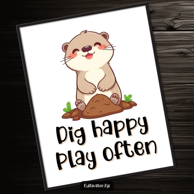 Funny art poster of a happy otter character joyfully digging in a small patch of soil, perfect for decor.