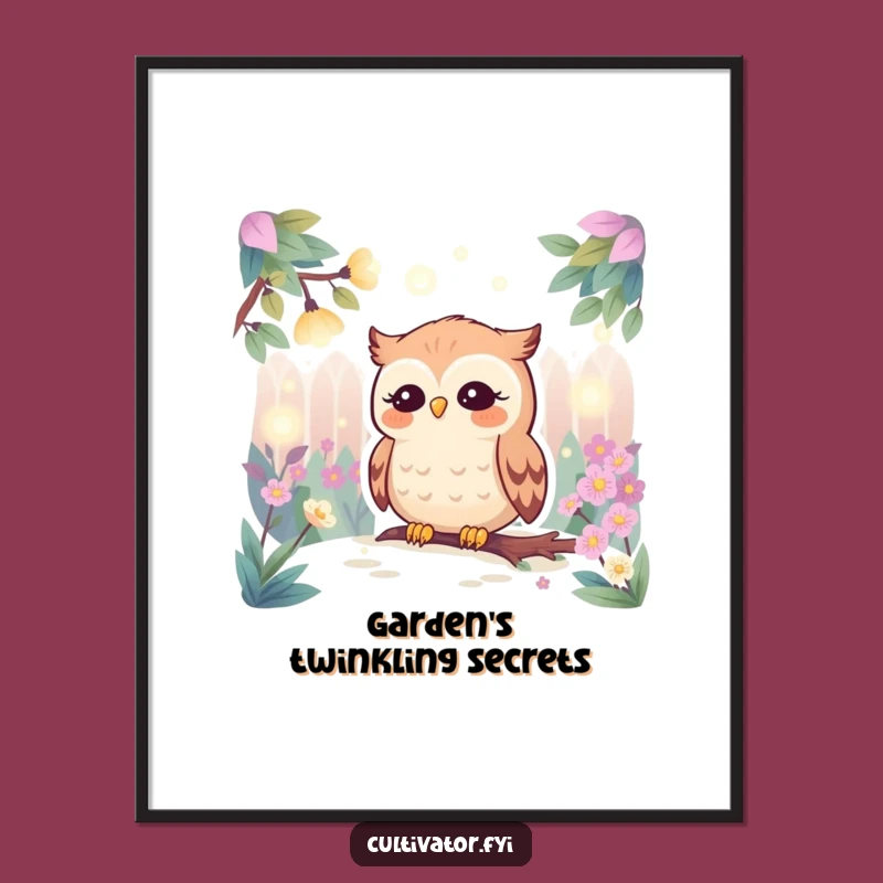 Funny Owl Garden Poster - Enchanting Firefly Night Art Print - Whimsical Funny Gift