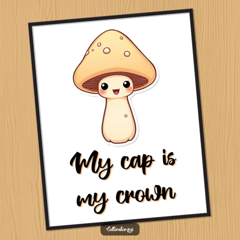 Funny proud mushroom poster showing a mushroom standing tall and proudly displaying its fully grown cap, a humorous piece of fungal wall art.