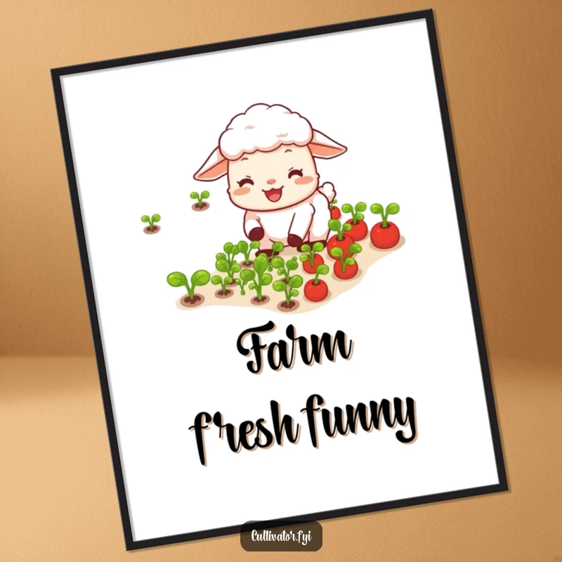 Funny happy sheep joyfully tending rows of tiny vegetables poster, depicting a delightful garden scene.