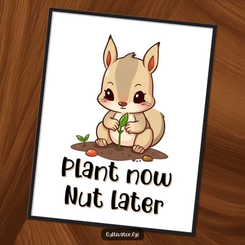 Funny art poster of a determined squirrel character meticulously planting a seed with its tiny paws, perfect for decor.