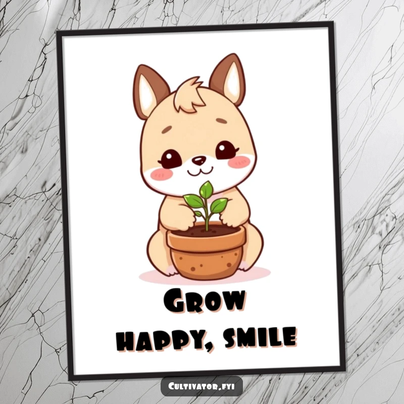 Funny poster art of a smiling animal character happily planting a tiny seedling in a pot, celebrating growth.