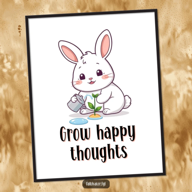 Funny poster, happy rabbit watering a tiny sprout with a cheerful expression, humorous and cute decor.