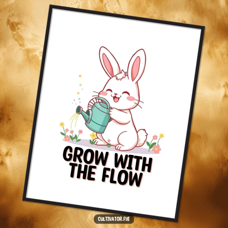 Funny Bunny Poster: Cheerful bunny with watering can sprinkles tiny flowers, a vibrant and joyful garden illustration.