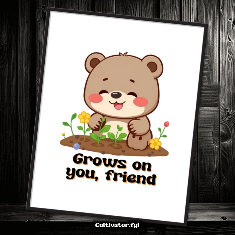 Funny bear poster showing a giggling bear with a determined expression, planting seeds carefully in the soil.