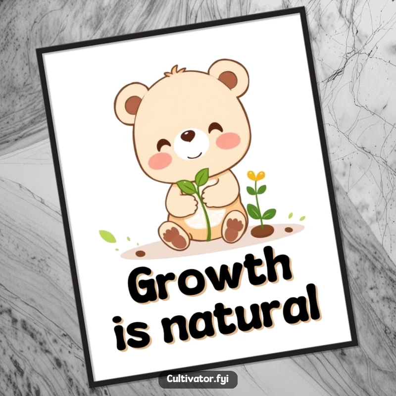 Funny poster showcasing a cheerful bear cub character humorously guiding a tiny sprout, creating a whimsical and funny wall decor.