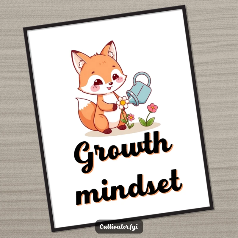 Funny poster depicting a cheerful fox character gently watering a tiny blooming flower with a watering can, adding cute decor.