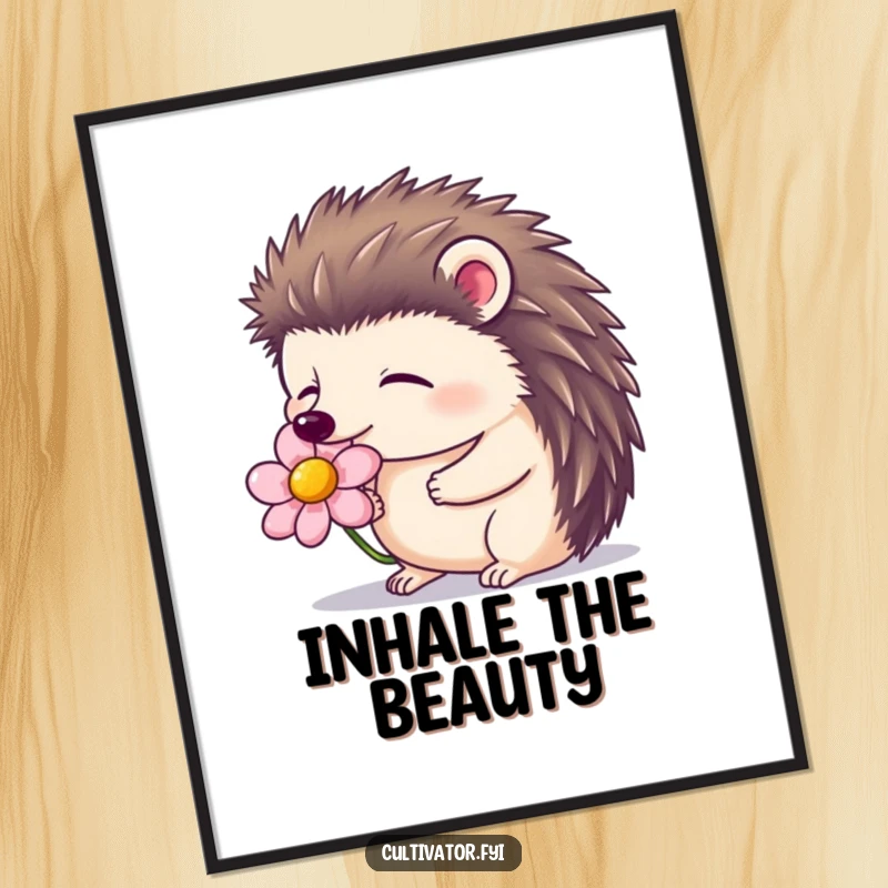 Funny poster of a contented hedgehog with closed eyes, smelling a blooming flower, promoting peaceful nature-inspired decor.