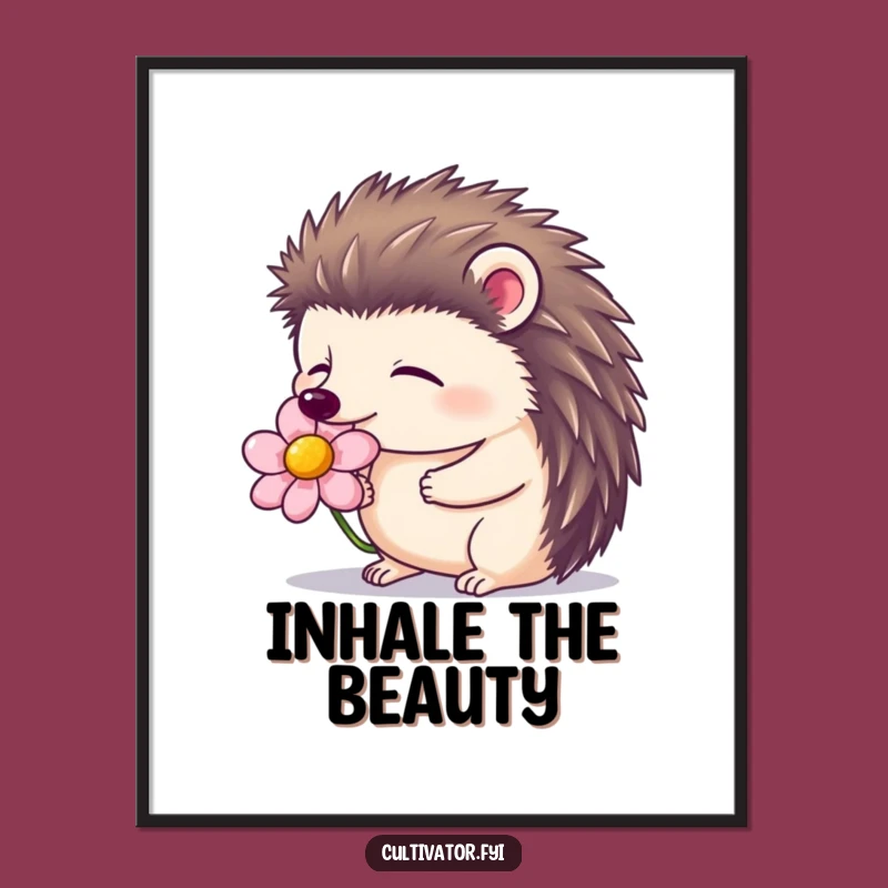 Funny Hedgehog Flower Poster - Contented Smelling Bloom, Peaceful Nature Decor Gift