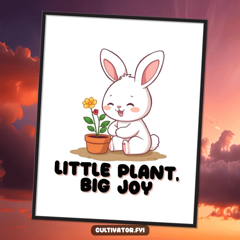 Funny poster depicting a smiling bunny character happily tending a very small, vibrant potted plant, adding natural charm.