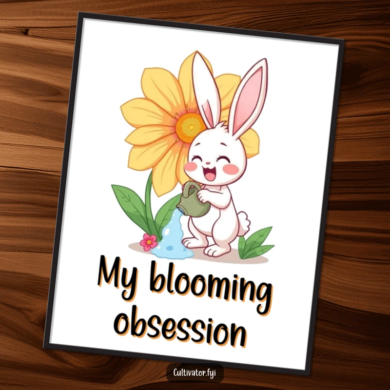 Funny poster art of a happy bunny character enthusiastically watering a giant, vibrant flower, celebrating gardening happiness.