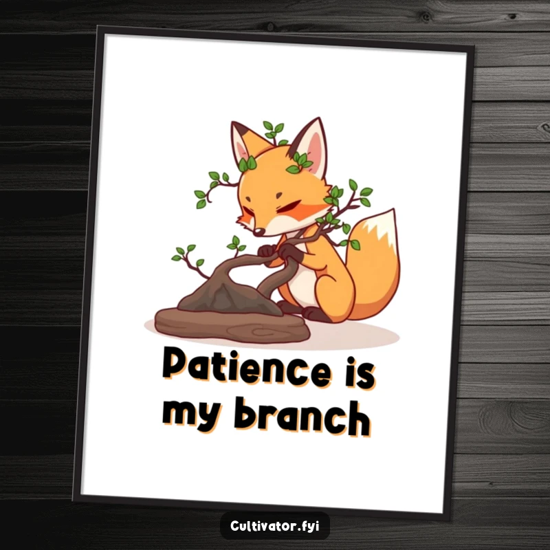 Funny determined fox carefully pruning a miniature bonsai tree poster, depicting meticulous care and artistic beauty.