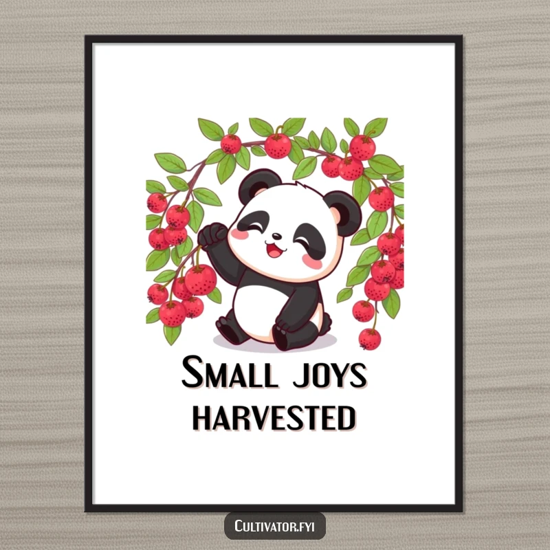 Funny panda poster, showing a panda gleefully picking a single ripe berry from a bush, adding whimsy.