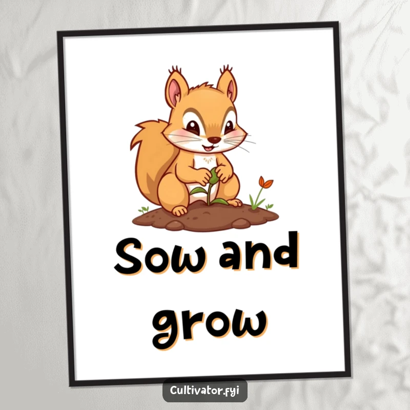 Funny poster of a determined squirrel character carefully planting a seed with its tiny paws, inspiring perseverance.