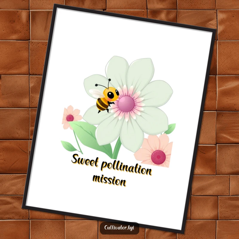 Funny bee poster, a happy bee flying around a large flower, vibrant illustration, humorous garden art, perfect funny gift.