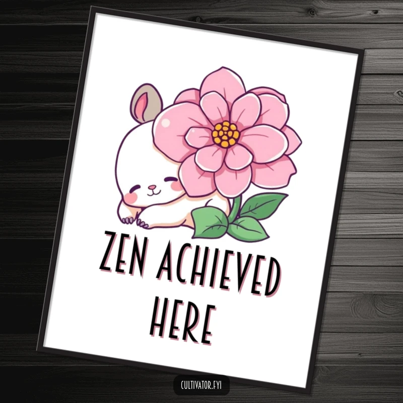 Funny poster art of a content animal character relaxing beside a large, beautiful blooming flower, adding a humorous, cheerful touch.