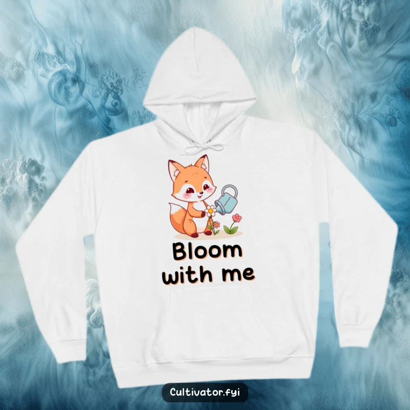Funny hoodie with a cheerful fox character tending to a tiny flower, offering warmth and a touch of garden humor.