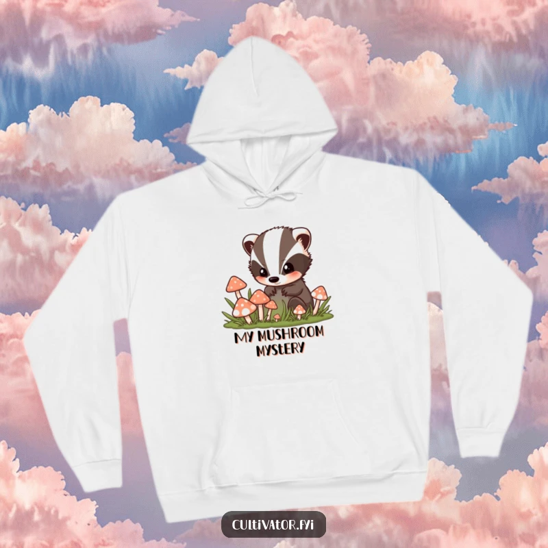 Funny, comfortable hoodie showing a badger character curiously peering into a dense patch of colorful mushrooms, evoking a sense of woodland magic.