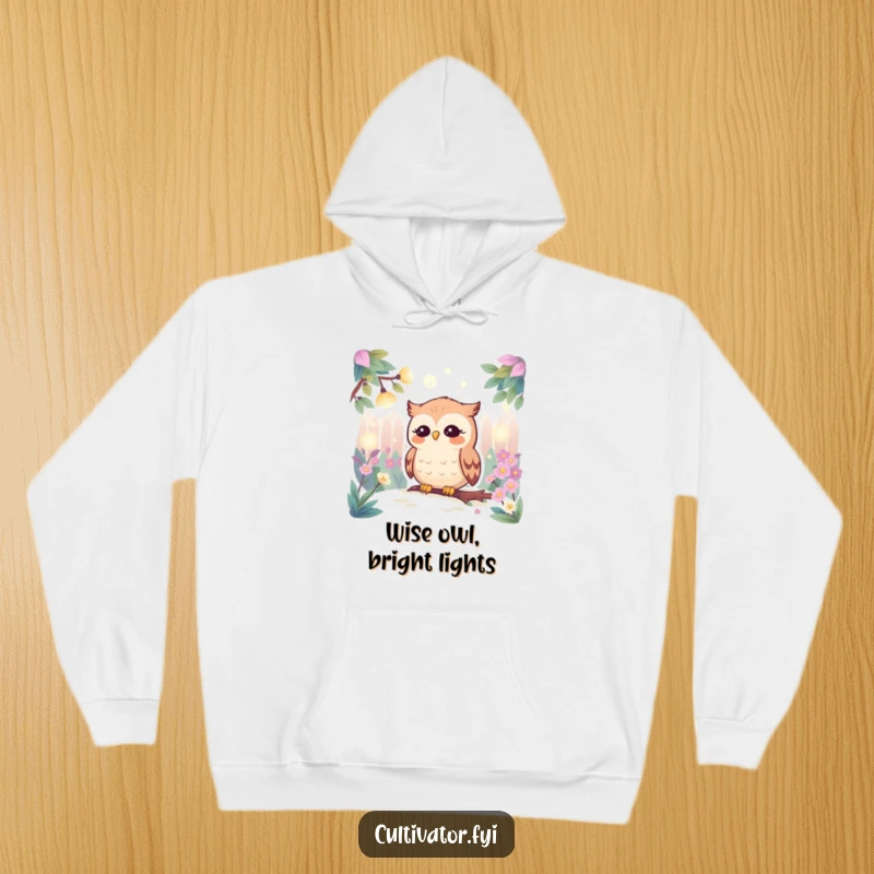 Funny, cozy hoodie featuring a tranquil owl observing a swarm of bright fireflies in a detailed, magical garden landscape at dusk.