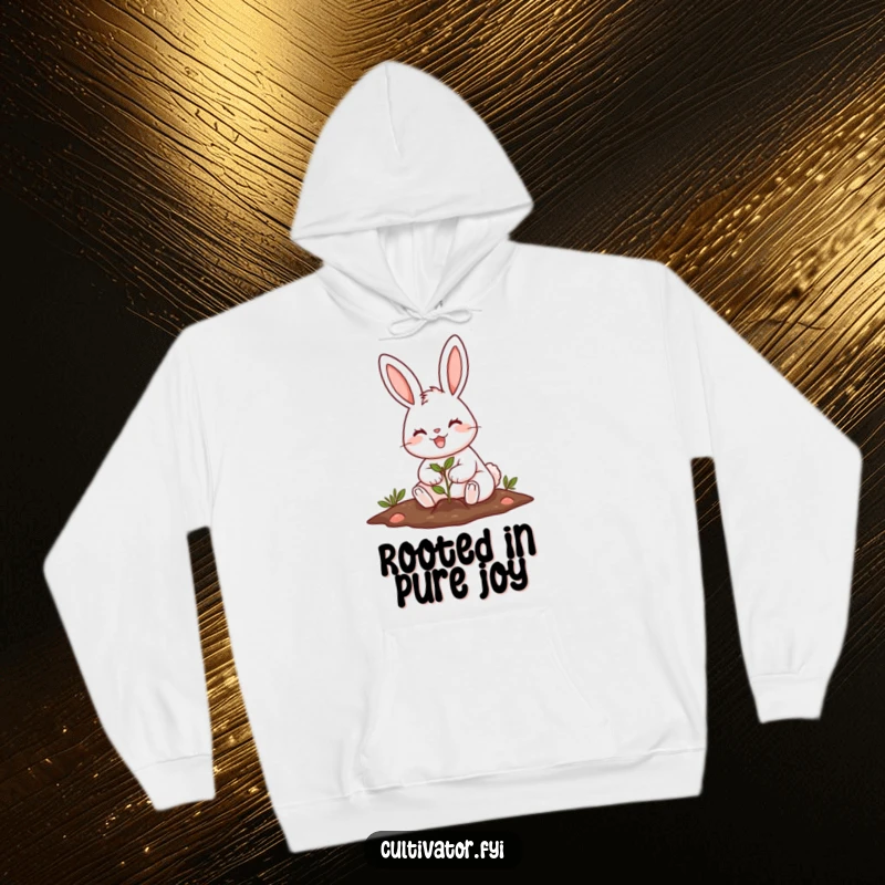 Funny cheerful rabbit planting a tiny seed with a big smile hoodie, cozy and full of gardening cheer.