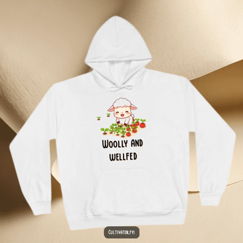 Funny happy sheep joyfully tending rows of tiny vegetables hoodie, cozy and full of garden cheer.