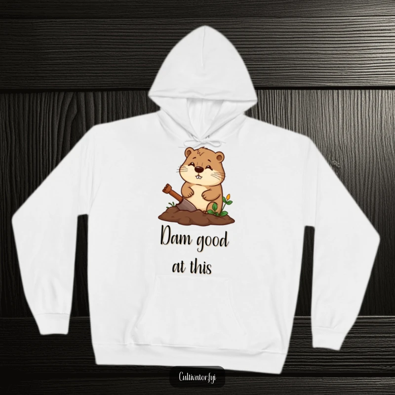 Funny beaver hoodie showing a diligent beaver digging a garden bed with a determined expression, a cozy funny gift.