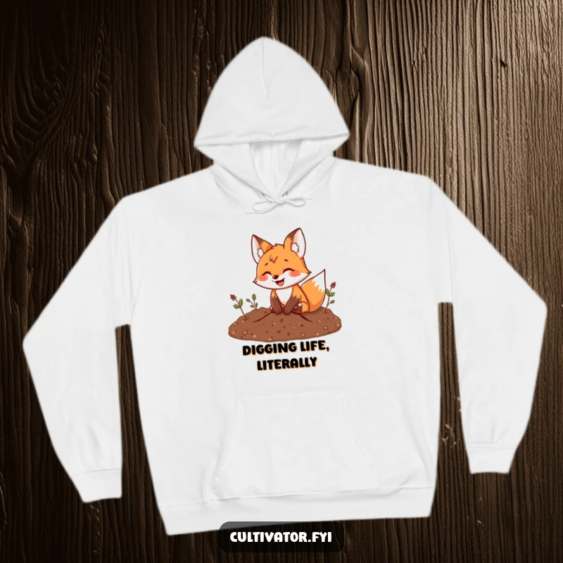 Funny fox hoodie showcasing a cheerful fox digging with gusto in soil, radiating pure joy and a love for gardening.