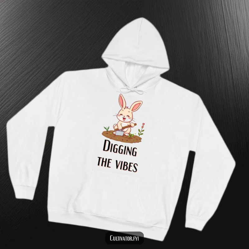 Funny bunny hoodie, enthusiastically tilling a small garden patch with a trowel, perfect for cozy and humorous outdoor activities.