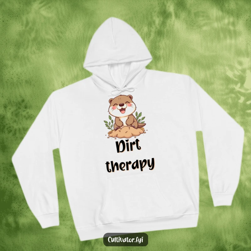 Funny hoodie with a happy otter character joyfully digging in soil, offering warmth and playful charm.
