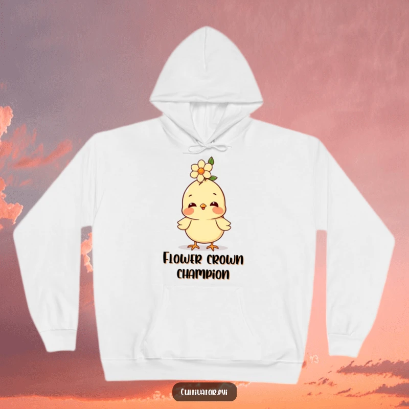 Funny hoodie, happy chick balancing a flower on its head, cozy and warm, cheerful animal design, humorous apparel.
