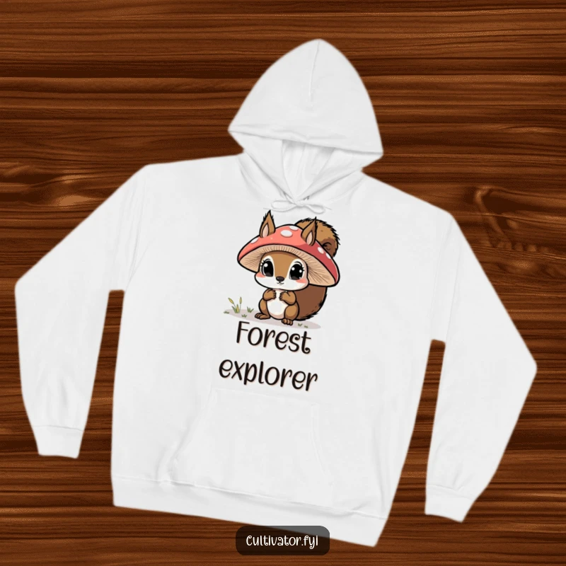 Funny hoodie, curious squirrel examining a large mushroom cap with wide eyes, cozy and humorous forest wear.