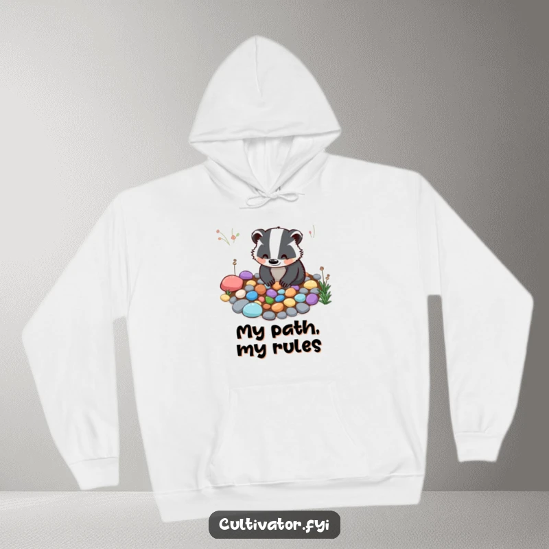 Funny Hoodie: A smiling badger carefully arranges colorful pebbles to make a garden path, offering cozy serenity.