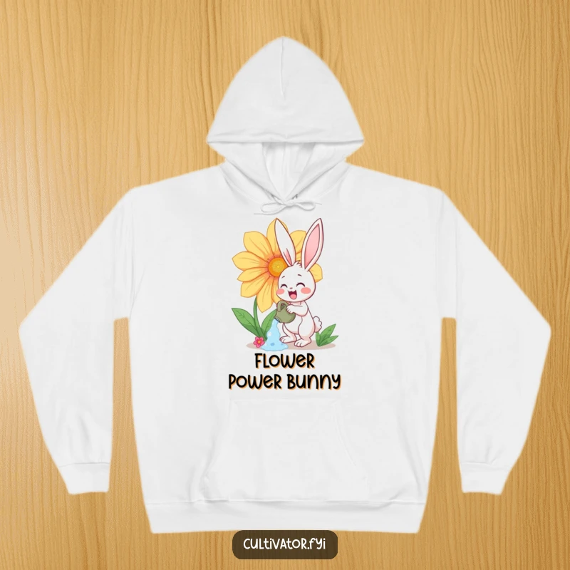Funny hoodie depicting a happy bunny character enthusiastically watering a massive, vibrant flower, a cozy gardening theme.