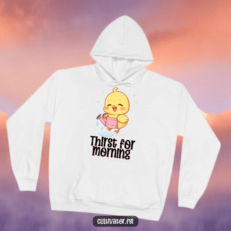 Funny hoodie featuring a joyous chick happily collecting dewdrops in a tiny watering can, ideal for cozy spring vibes.