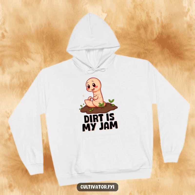 Funny earthworm hoodie showing a diligent worm rapidly tilling soil, perfect for keeping warm while gardening.