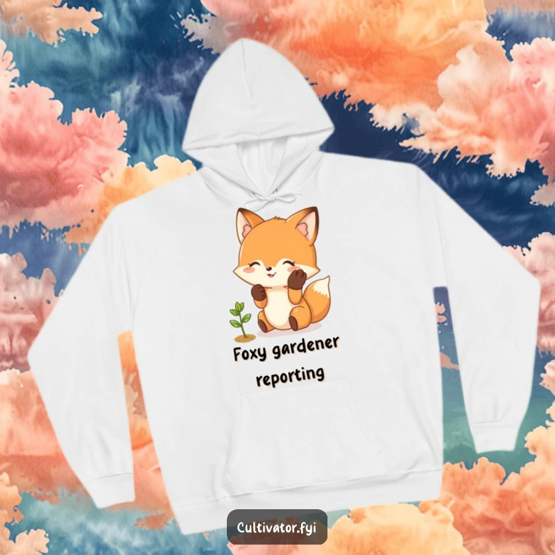 Funny Fox Hoodie: Happy fox character with gloves gently tending a small sprout, cozy and cute.