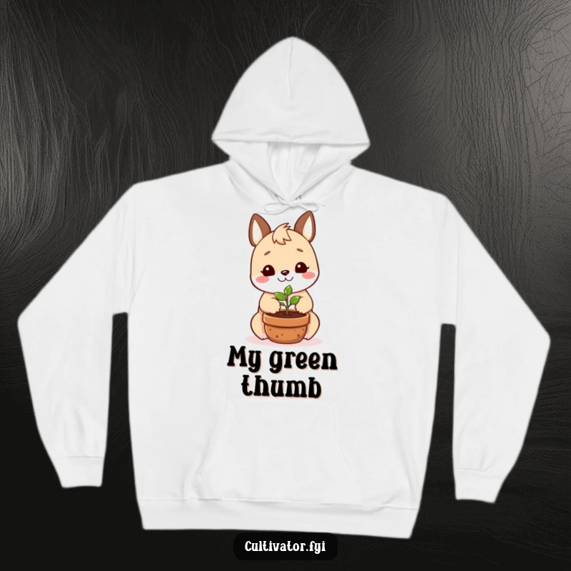 Funny hoodie featuring a smiling animal character happily planting a tiny seedling in a pot, ideal for cozy gardening.