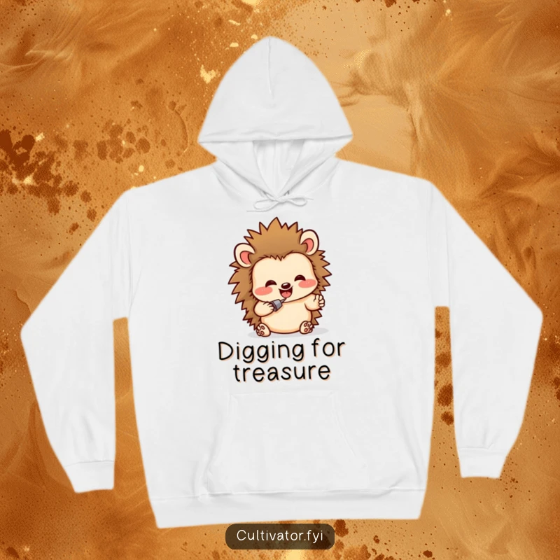 Funny hoodie featuring a delighted hedgehog character humorously digging in rich soil, offering a warm and funny gardening vibe.