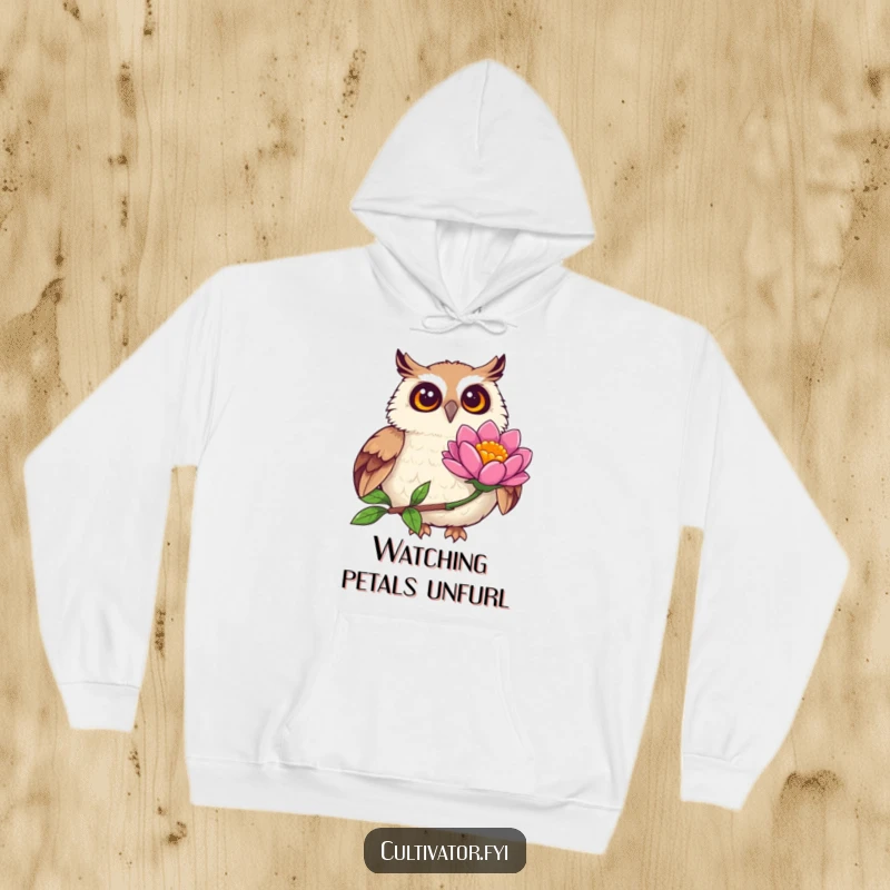 Funny joyful owl hoodie, observing a vibrant flower bloom with wide eyes, bringing warmth and a touch of nocturnal charm.