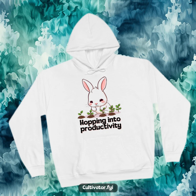 Funny rabbit nurturing seedlings on a hoodie, offering cozy and humorous warmth for gardeners and nature lovers.
