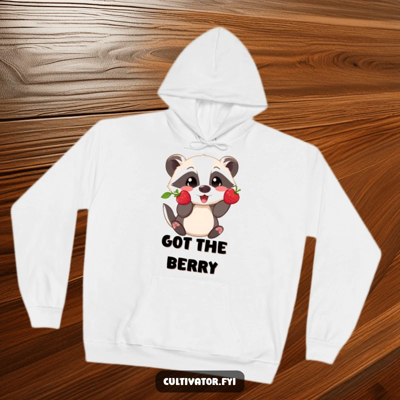 Funny hoodie featuring a playful badger proudly showing off a freshly picked berry, perfect for cozy outdoor vibes.