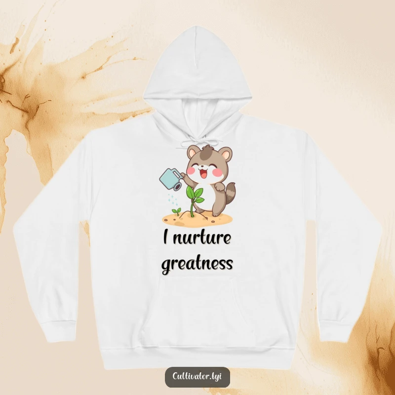 Funny hoodie featuring an excited animal character watering a sprouting plant with a small watering can, ideal for cozy gardening.