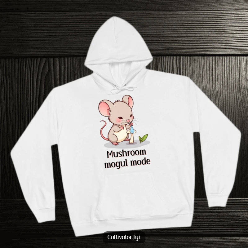 Funny Mouse Hoodie: Determined mouse character carefully waters a minuscule mushroom with a dropper, cozy design.