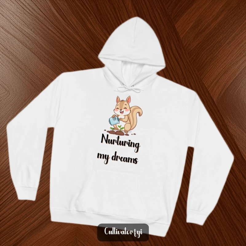 Funny cute squirrel joyfully planting a tiny seed with a watering can, a warm and humorous hoodie for gardeners.